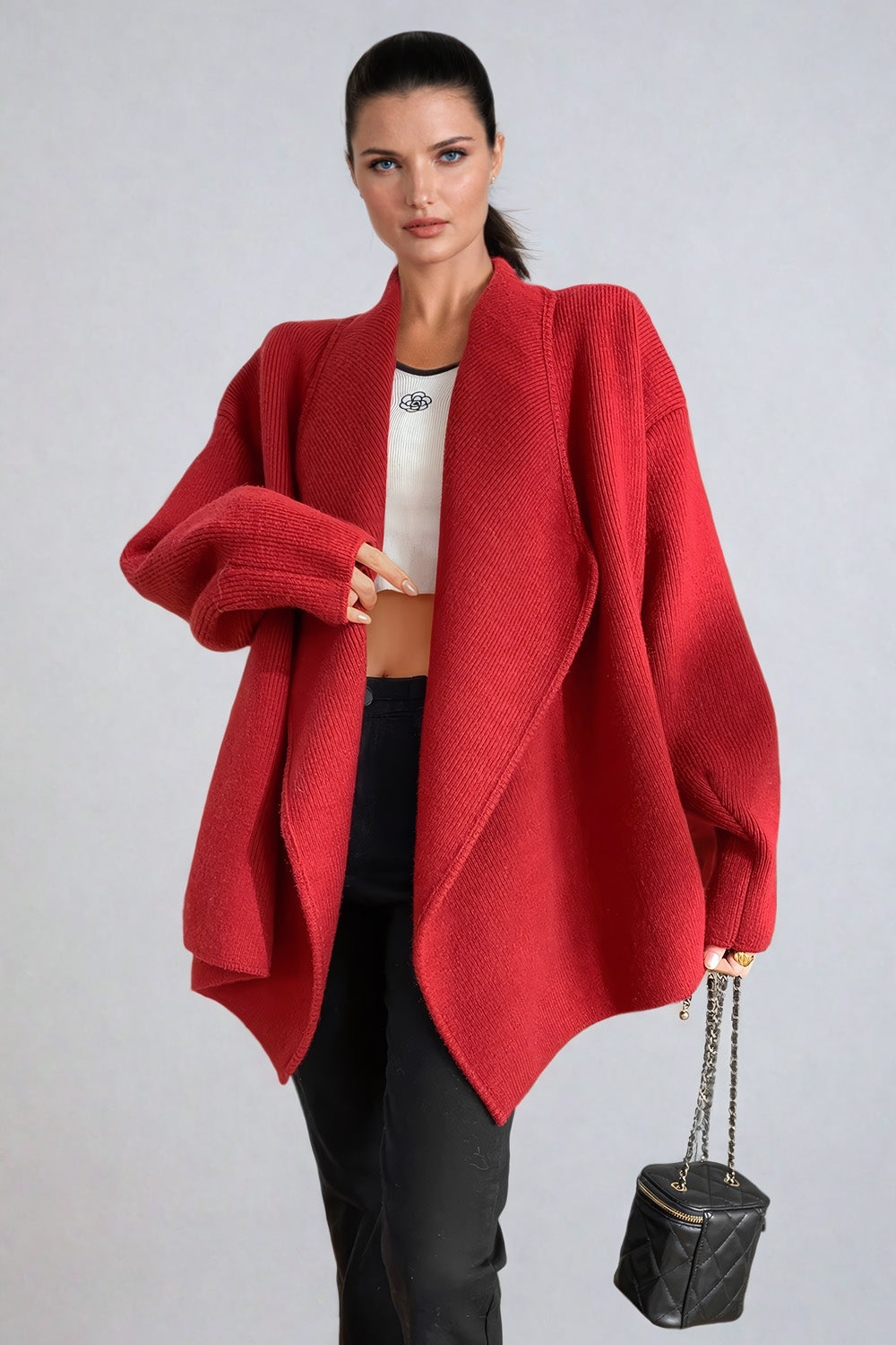 Draped Open Front Sweater with Relaxed Fit and Shawl Collar - Red