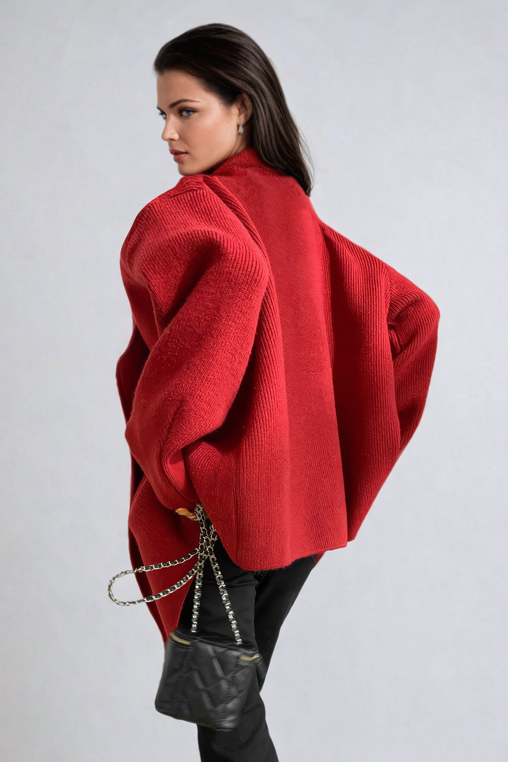 Draped Open Front Sweater with Relaxed Fit and Shawl Collar - Red