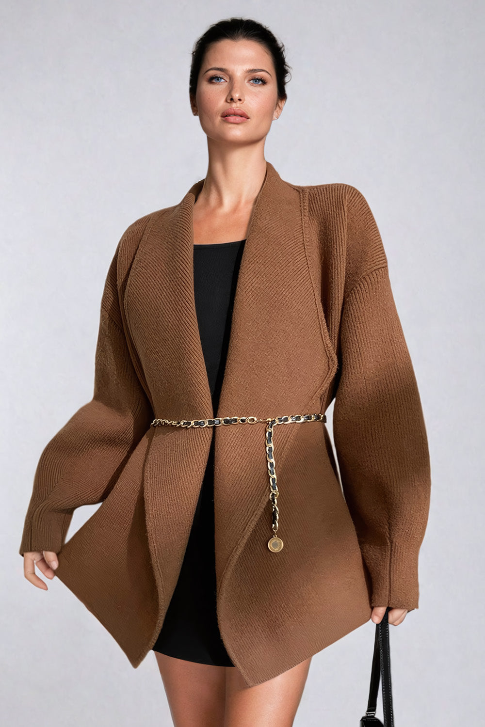 Draped Open Front Sweater with Relaxed Fit and Shawl Collar - Brown