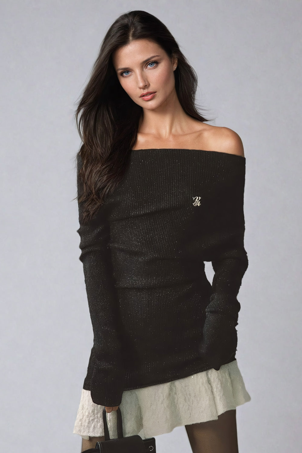 Off-Shoulder Knitted Ribbed Long Sleeve Top - Black