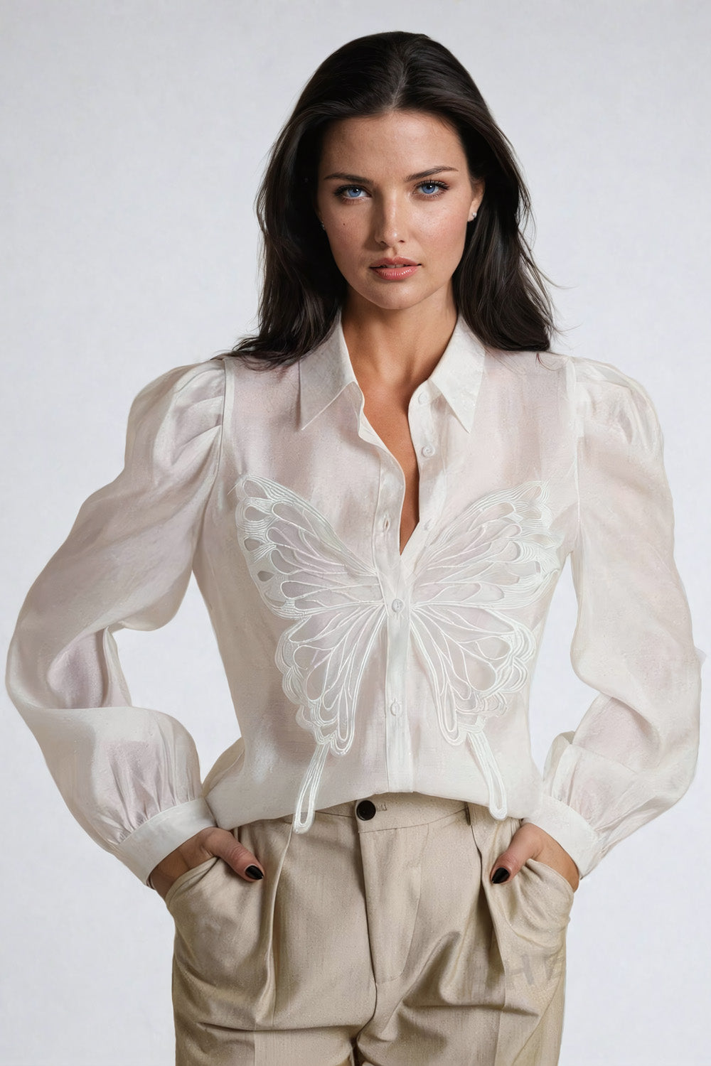 Butterfly Embroidered Button-Up Shirt with Puff Sleeves - Beige