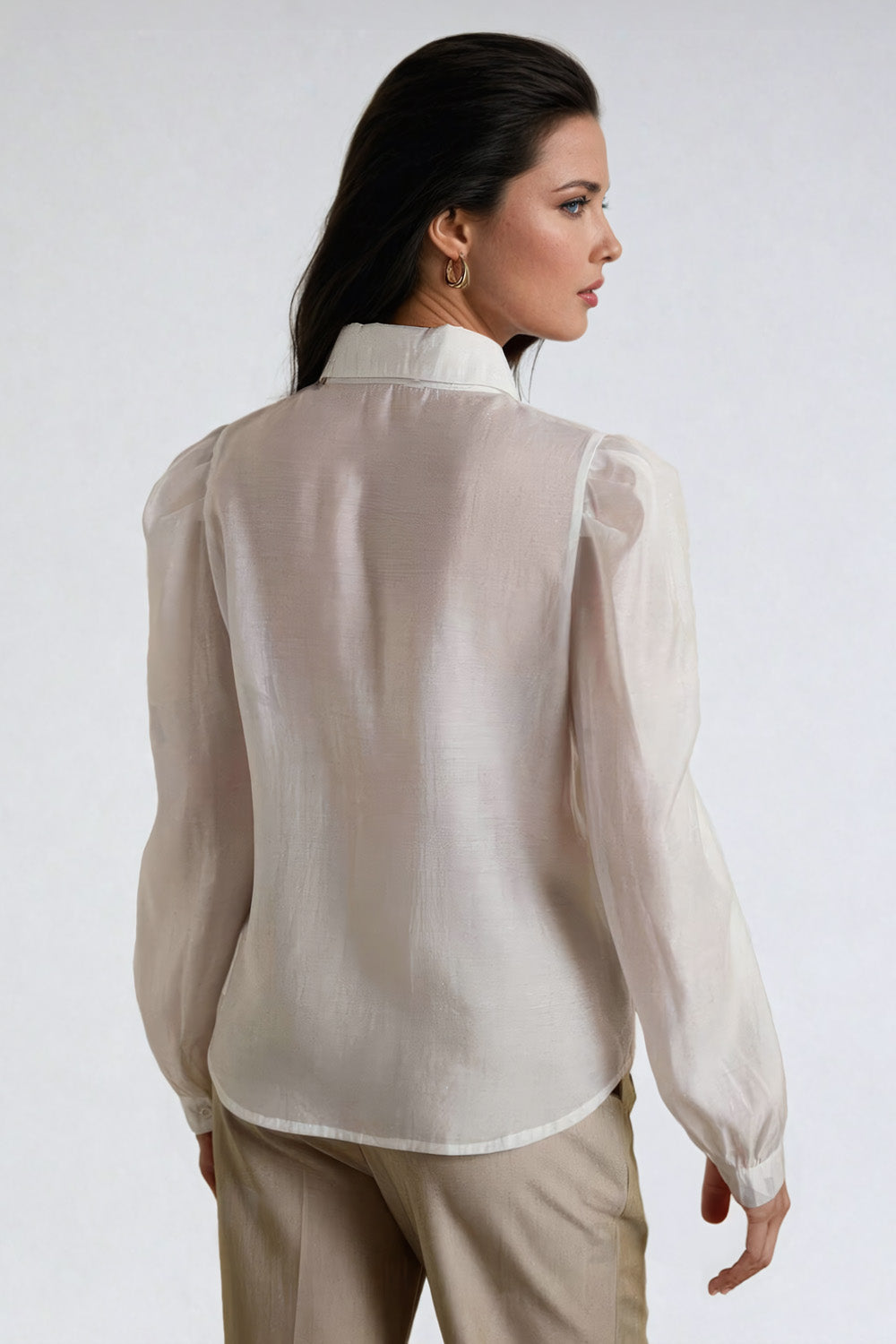 Butterfly Embroidered Button-Up Shirt with Puff Sleeves - Beige