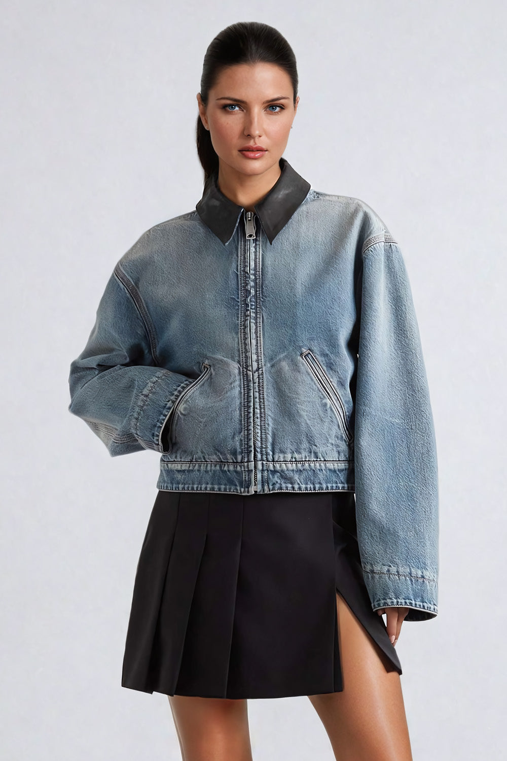 Denim Jacket with Contrasting Collar and Relaxed Fit - Blue