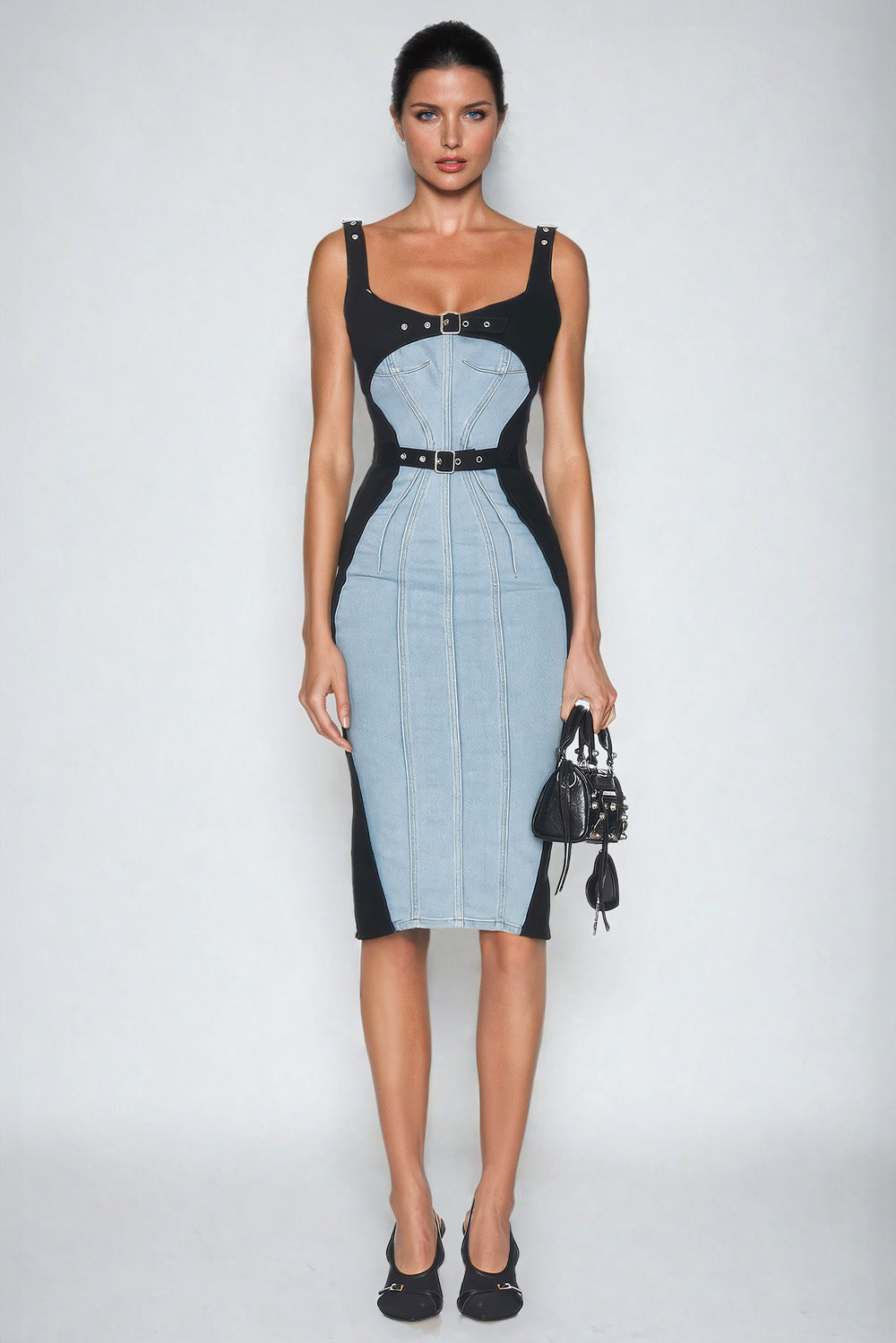 Sleeveless Midi Dress with Denim Panel Accents - Blue