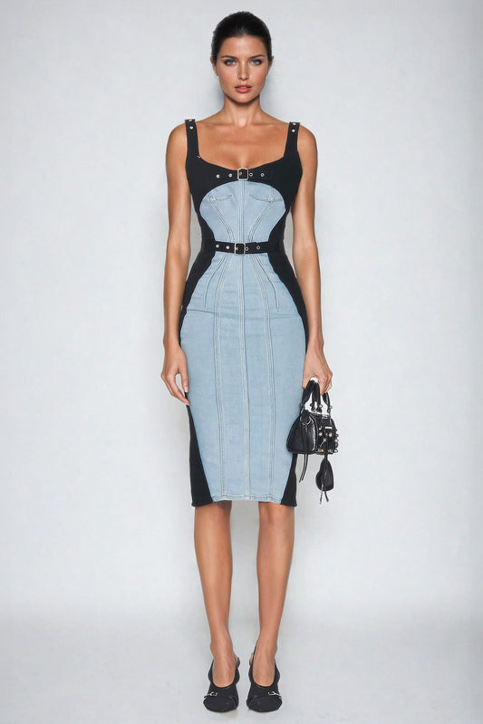 Sleeveless Midi Dress with Denim Panel Accents - Blue