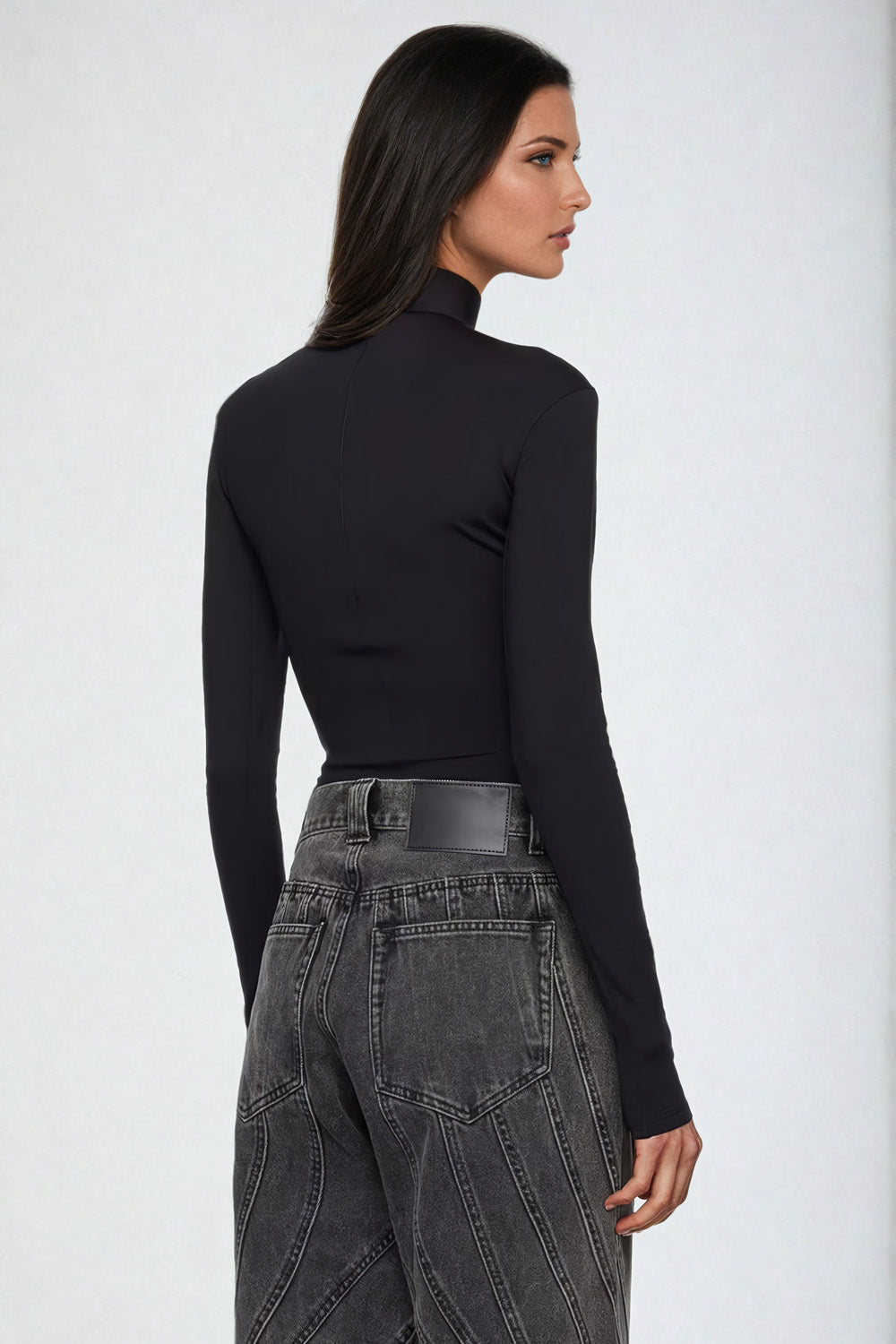 Star Accent High Neck Long Sleeve Top - Black