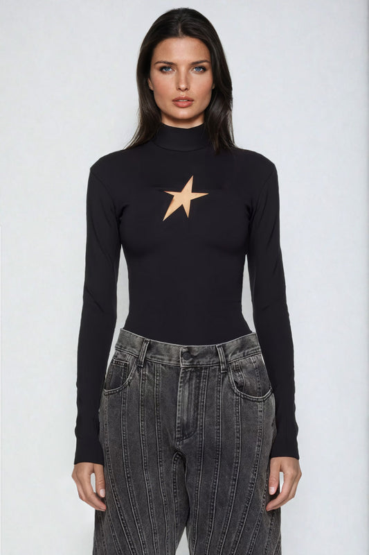 Star Accent High Neck Long Sleeve Top - Black