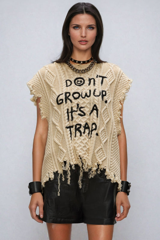 Distressed Knit Top with Graphic Detail and Raw Hem - Light Brown