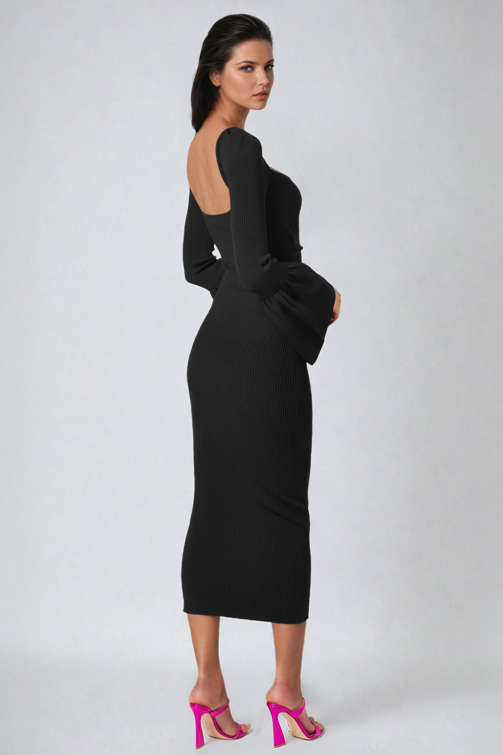 Bow-Detail Cutout Midi Dress with Flared Sleeves - Black