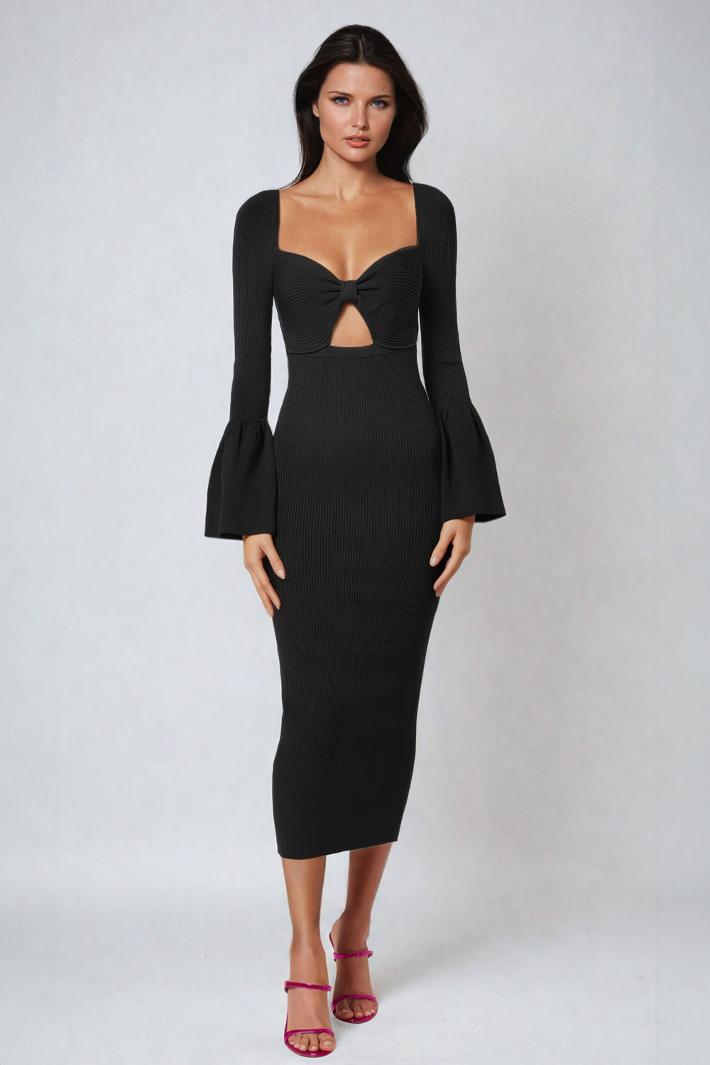 Bow-Detail Cutout Midi Dress with Flared Sleeves - Black