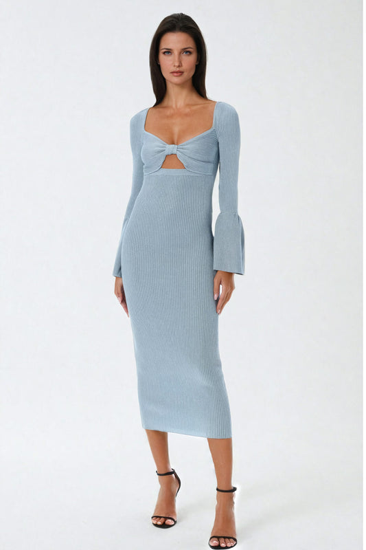 Bow-Detail Cutout Midi Dress with Flared Sleeves -  Blue