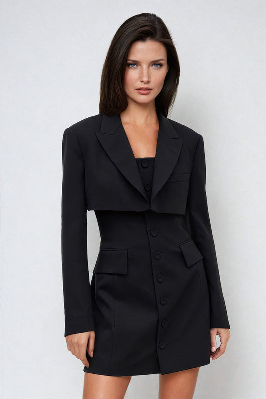 Two-Piece Set Cropped Blazer and Button-Up Mini Dress with Tailored Waist - Black