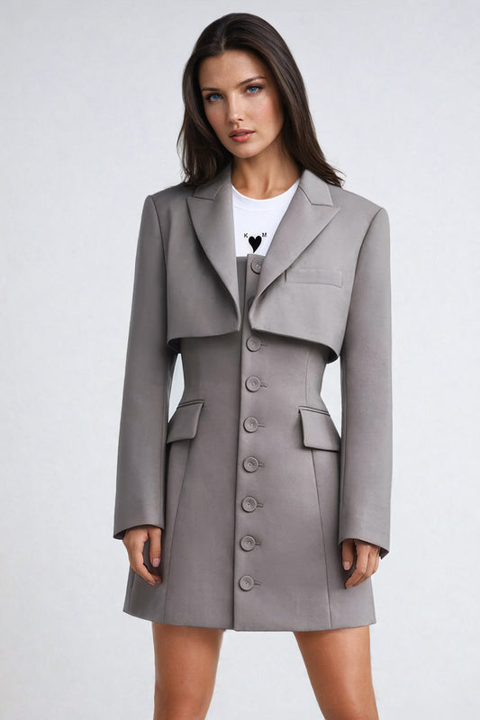 Two-Piece Set Cropped Blazer and Button-Up Mini Dress with Tailored Waist - Gray