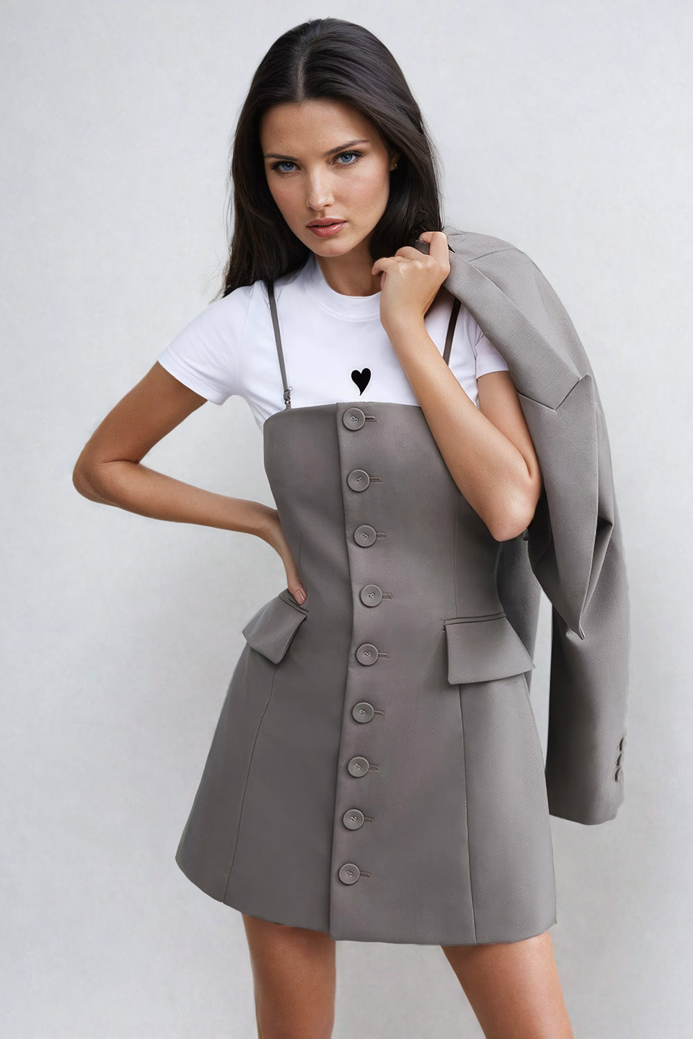 Two-Piece Set Cropped Blazer and Button-Up Mini Dress with Tailored Waist - Gray