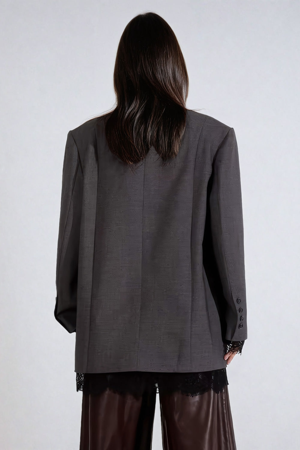 Oversized Blazer with Lace-Trimmed Lapel - Gray