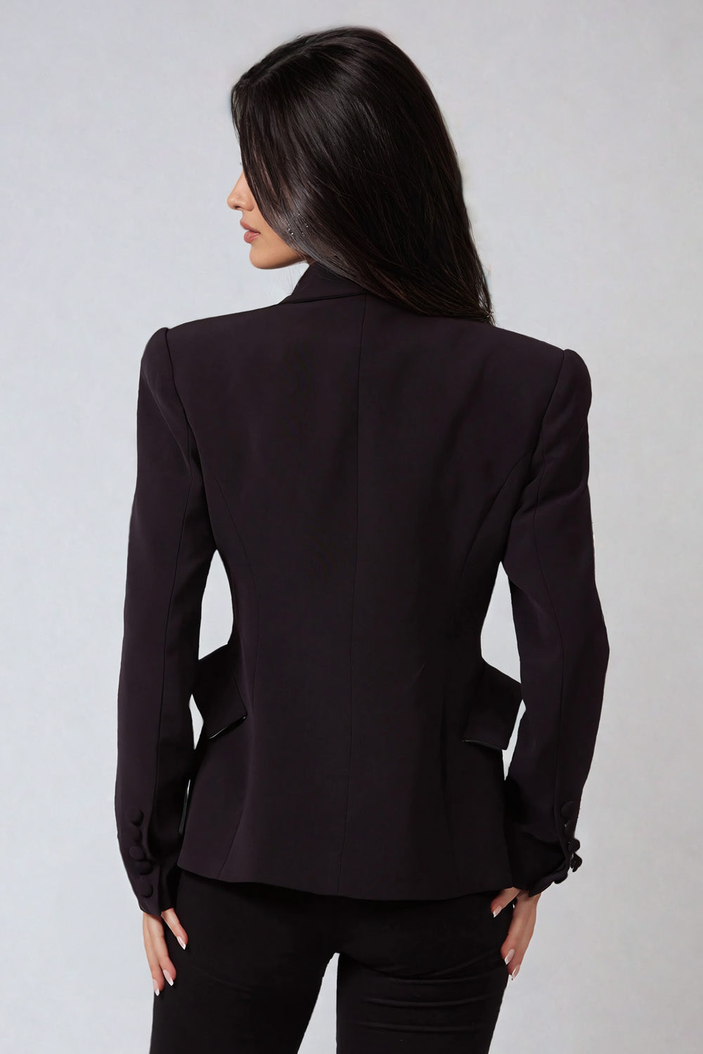 Two-Tone Tailored Blazer with Deep V-Neckline and Fitted Waist - Black