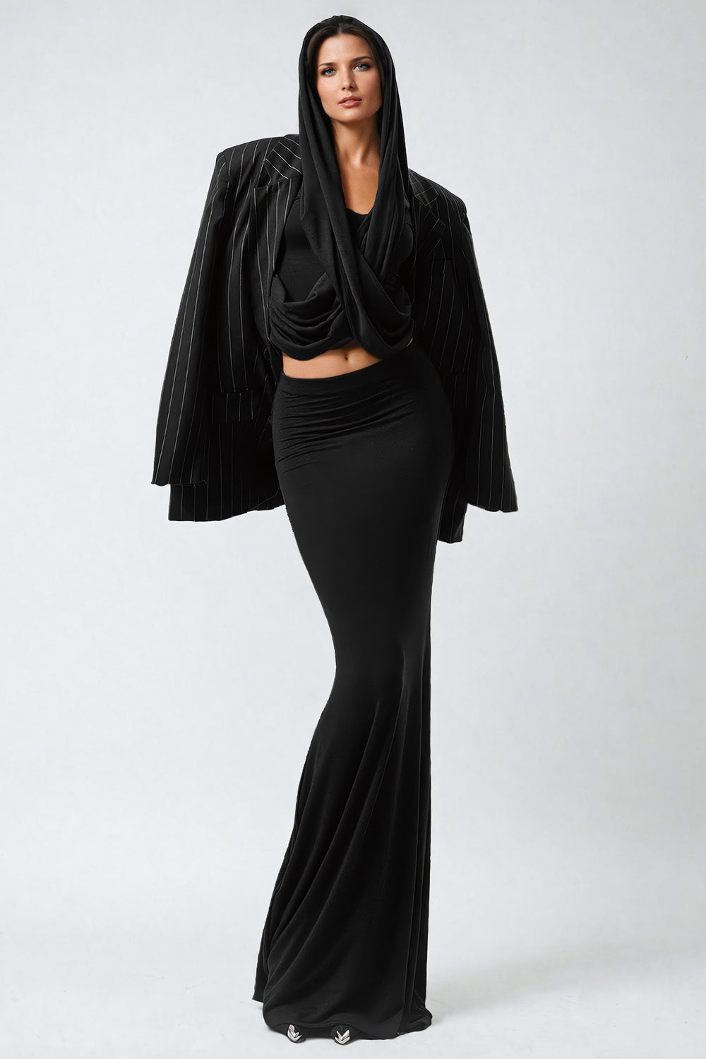 Two-Piece Set with Hooded Drape Top and High-Waisted Maxi Skirt - Black