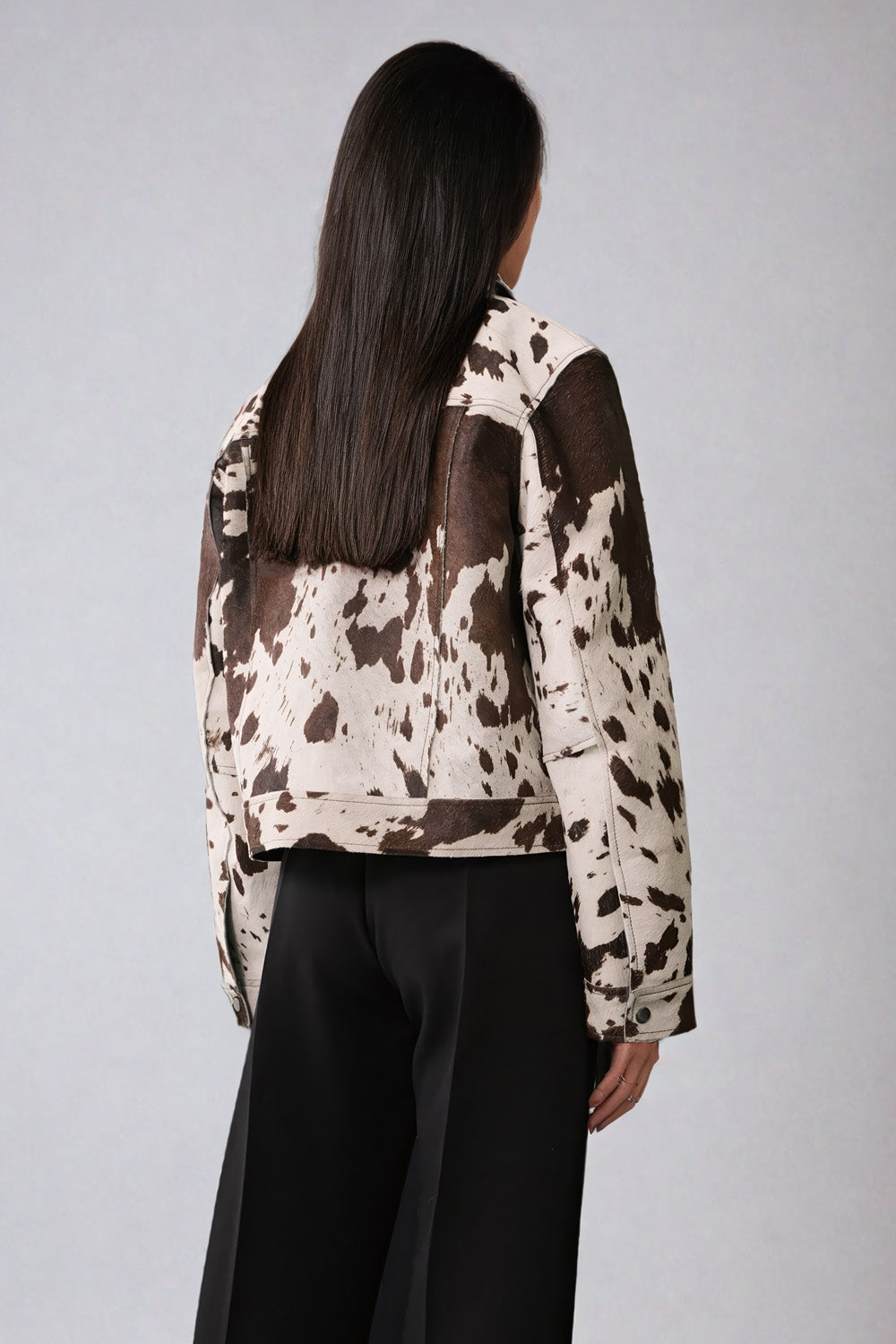 Cowhide Print Coat with Pointed Collar and Straight Fit - White