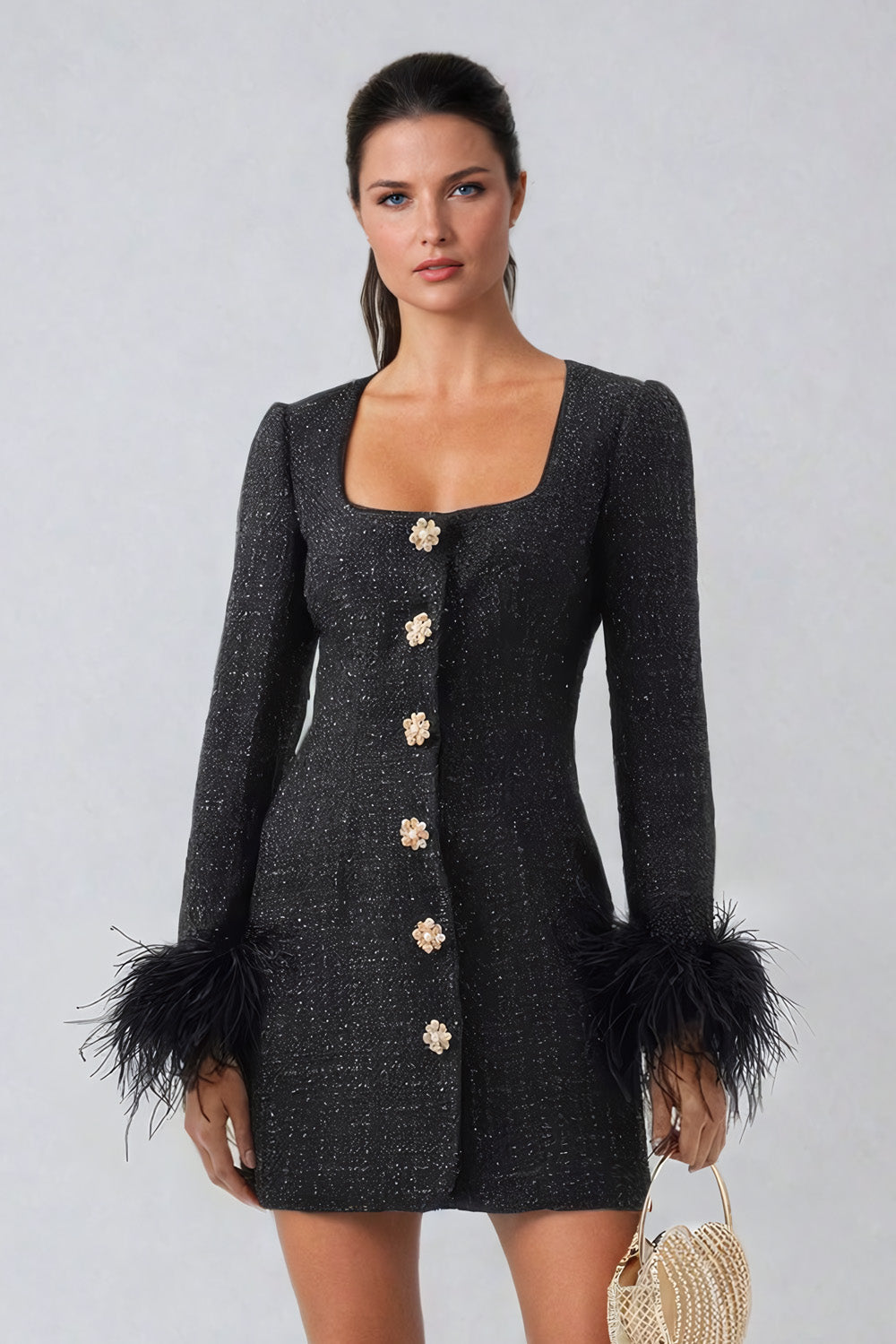 Pearl Button Mini Dress with Feather Cuff Details - Black