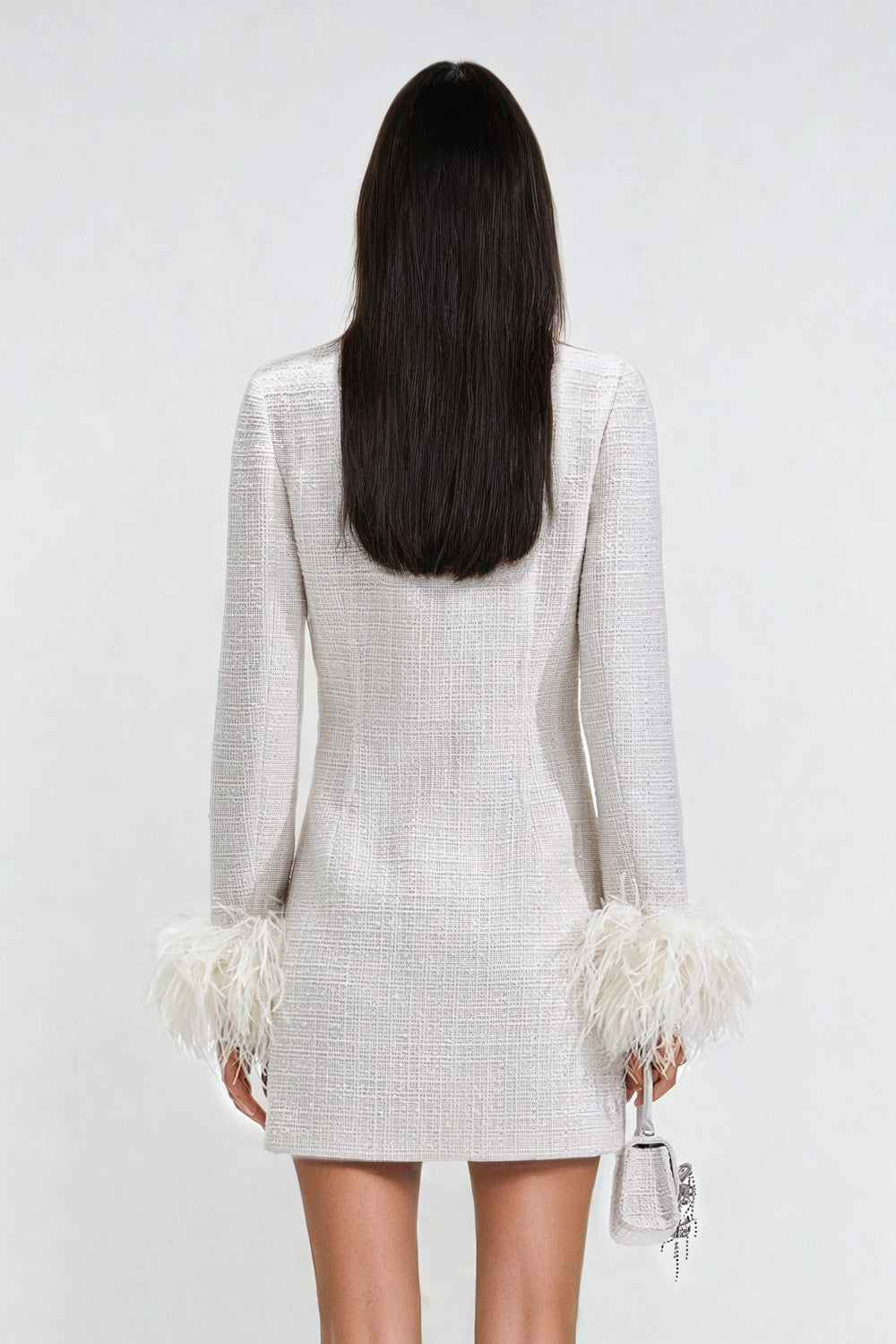 Pearl Button Mini Dress with Feather Cuff Details - White
