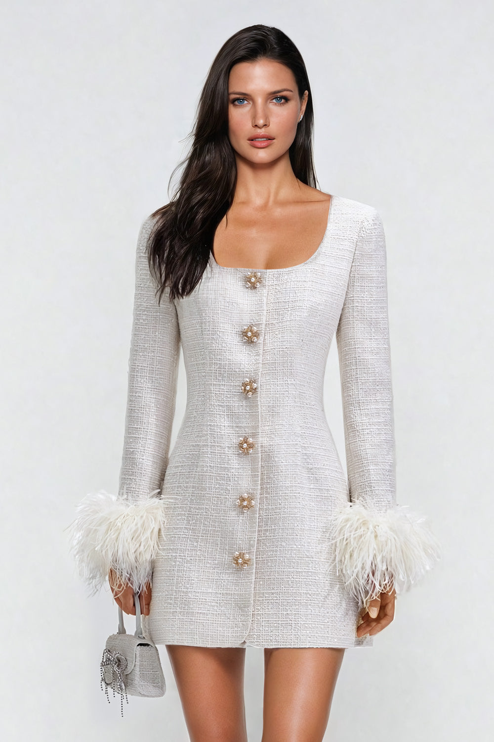 Pearl Button Mini Dress with Feather Cuff Details - White