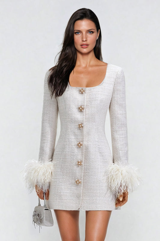 Pearl Button Mini Dress with Feather Cuff Details - White