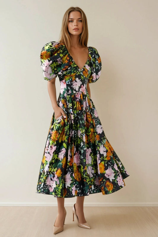 Puff Sleeve V-Neck Floral Midi Dress - Green