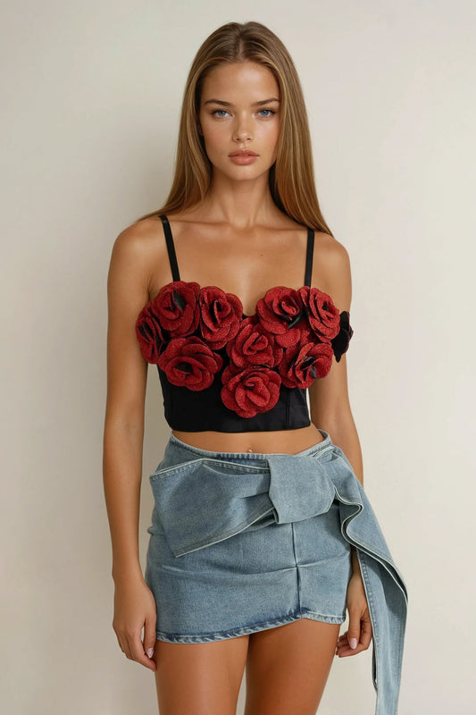 Floral Strap Corset Top - Red