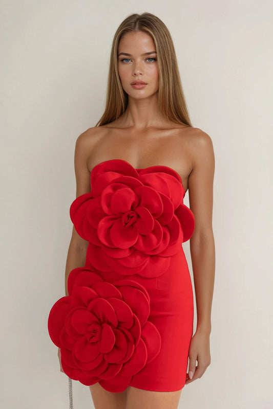 Strapless Mini Dress with Large 3D Floral Details - Red