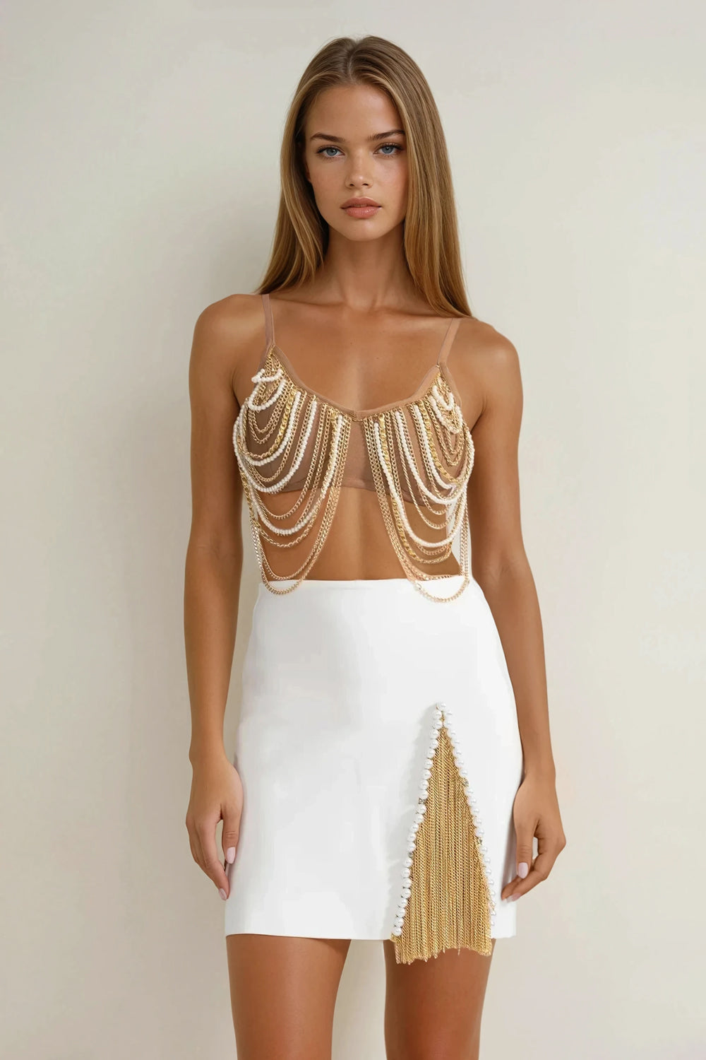 Two-Piece Set with Chain Bralette and Skirt with Beaded Slit - Brown