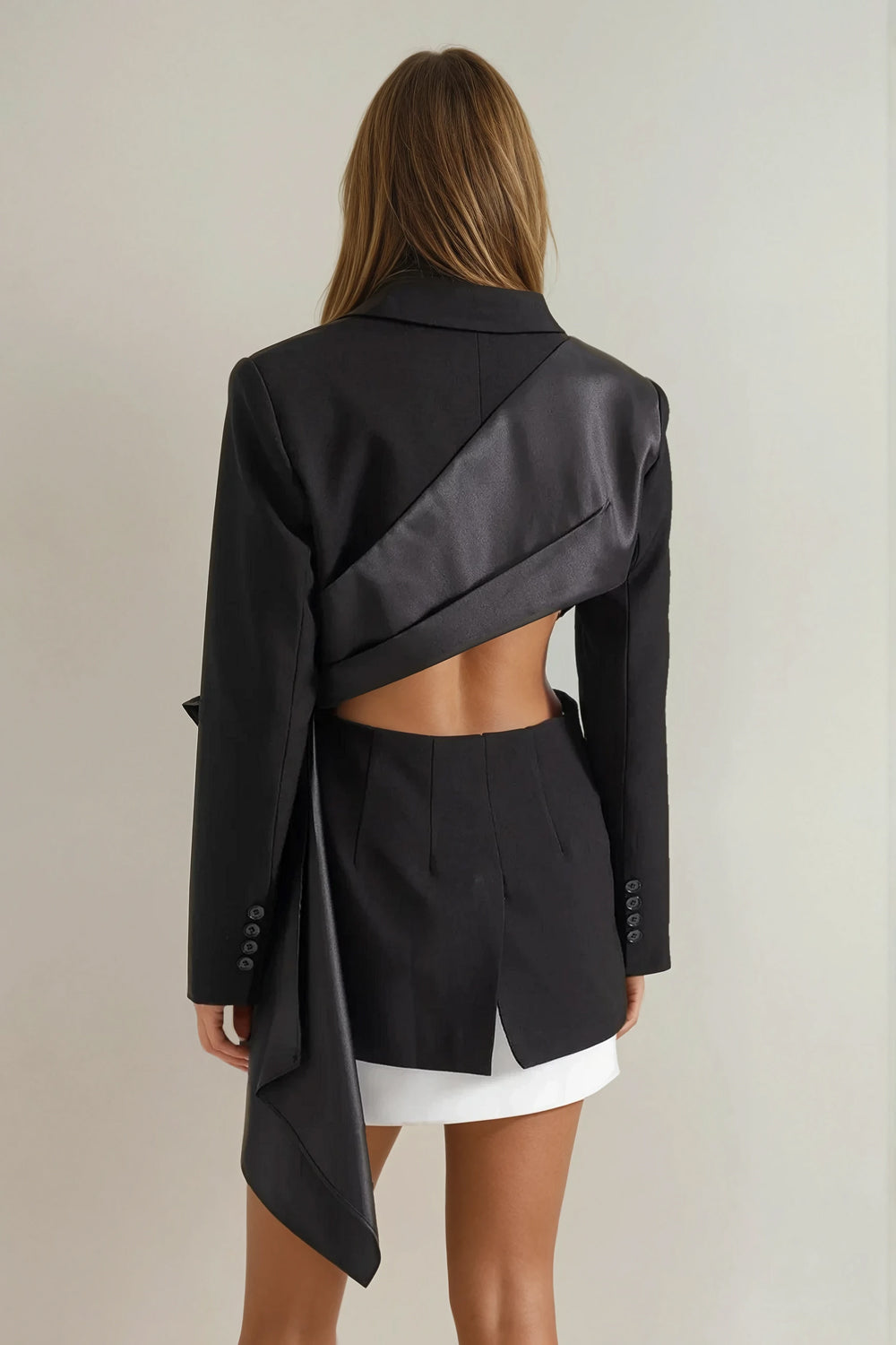 Blazer with Satin Cutout Back and Statement Bow - Black