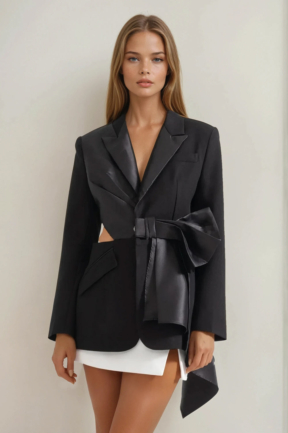 Blazer with Satin Cutout Back and Statement Bow - Black
