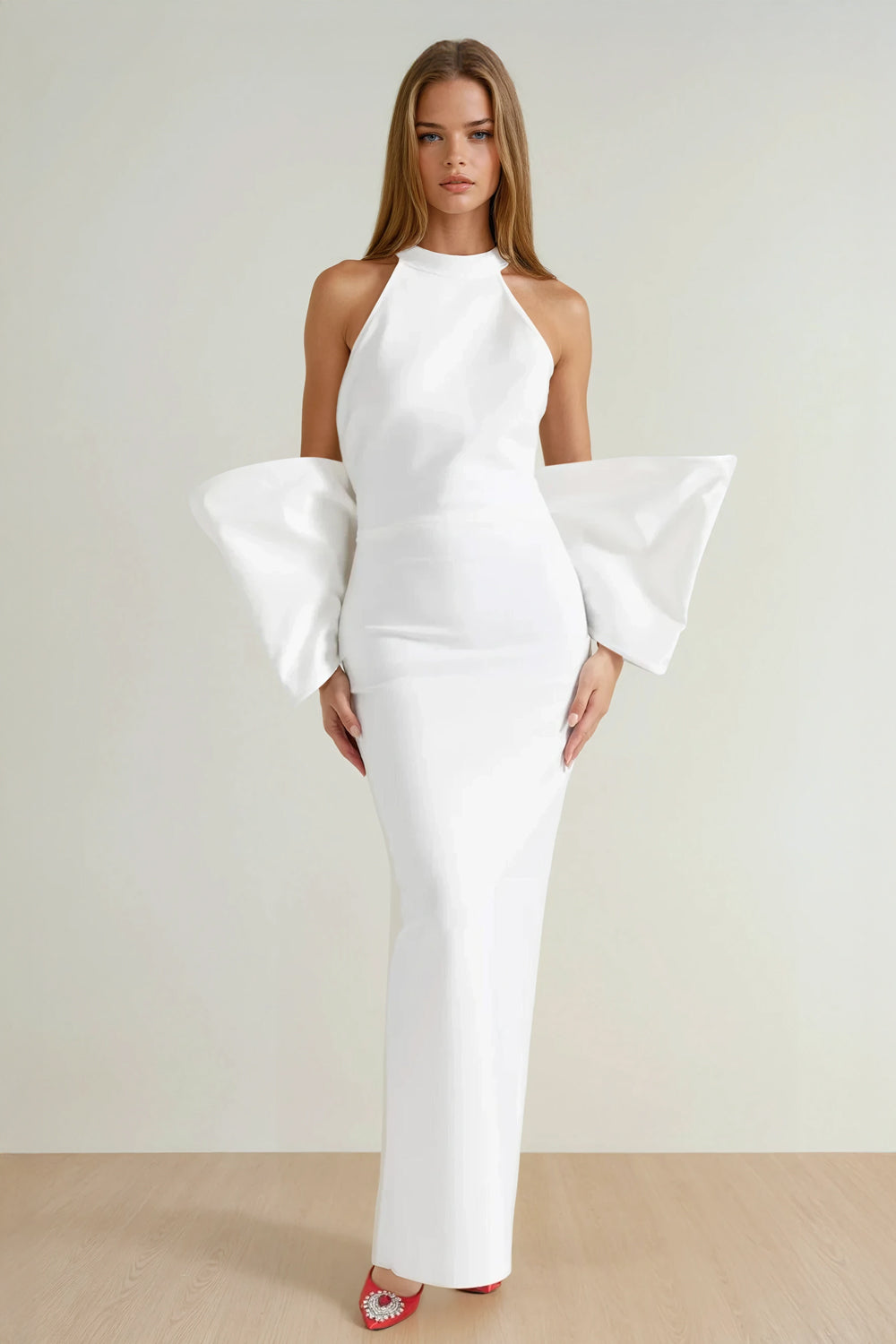 Halter Neck Maxi Dress with Structured Bow Back - White