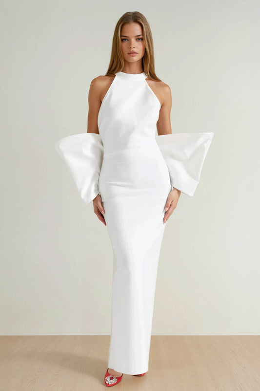 Halter Neck Maxi Dress with Structured Bow Back - White