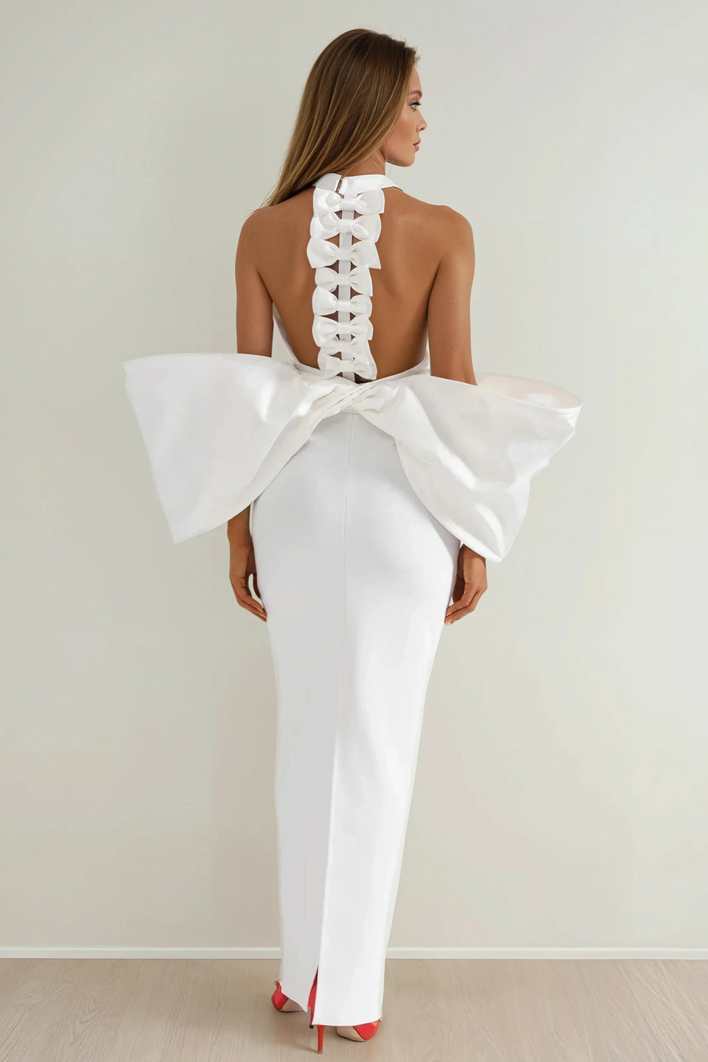 Halter Neck Maxi Dress with Structured Bow Back - White