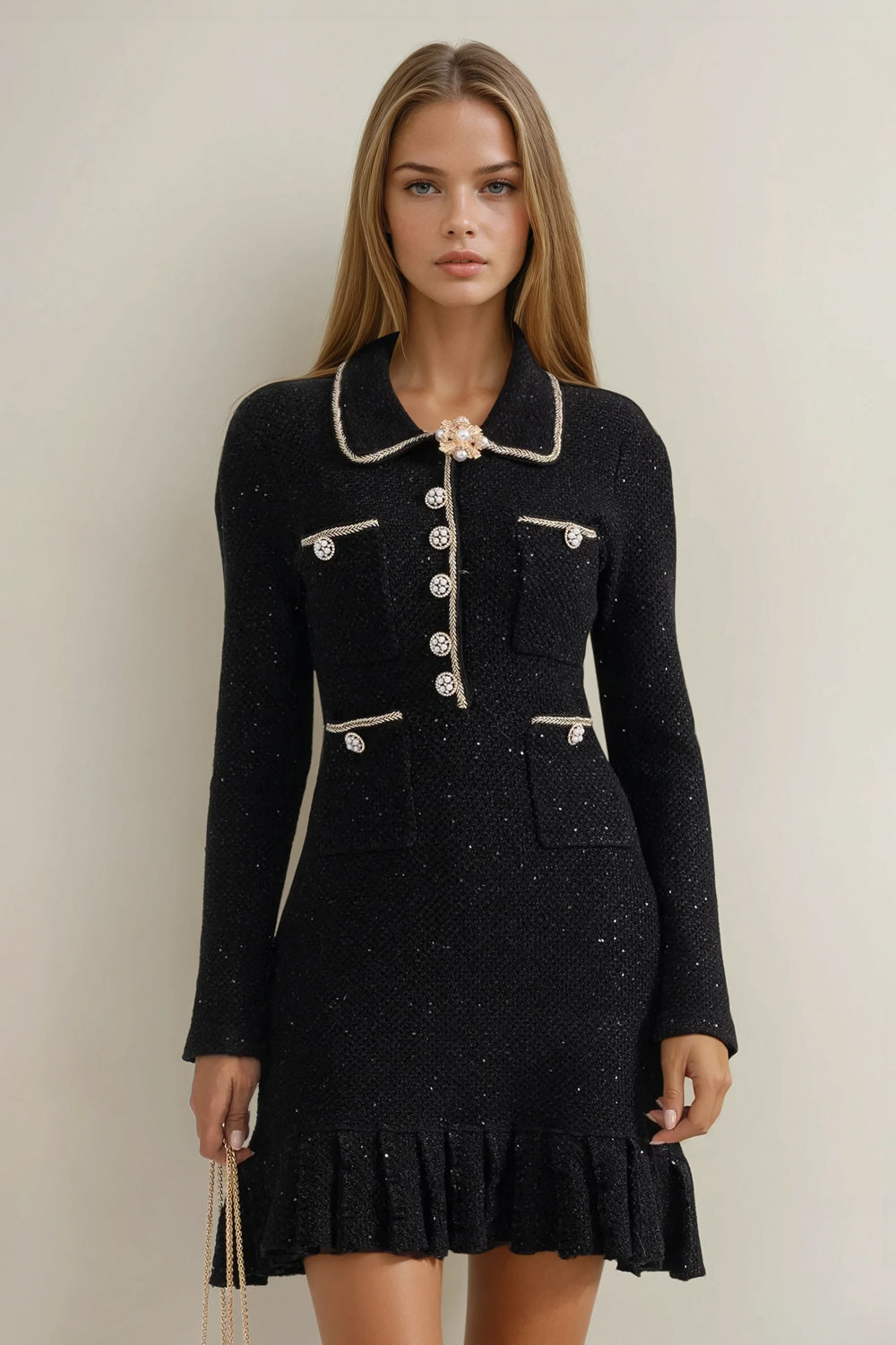 Mini Dress with Pocket Detailing and Ruffled Hem - Black
