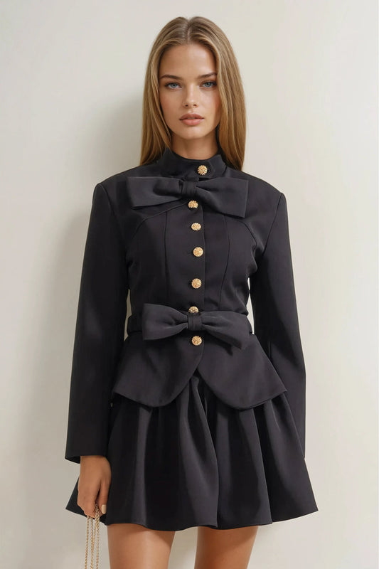 Two-Piece Set with Bow-Front Blazer and Pleated Mini Skirt - Black