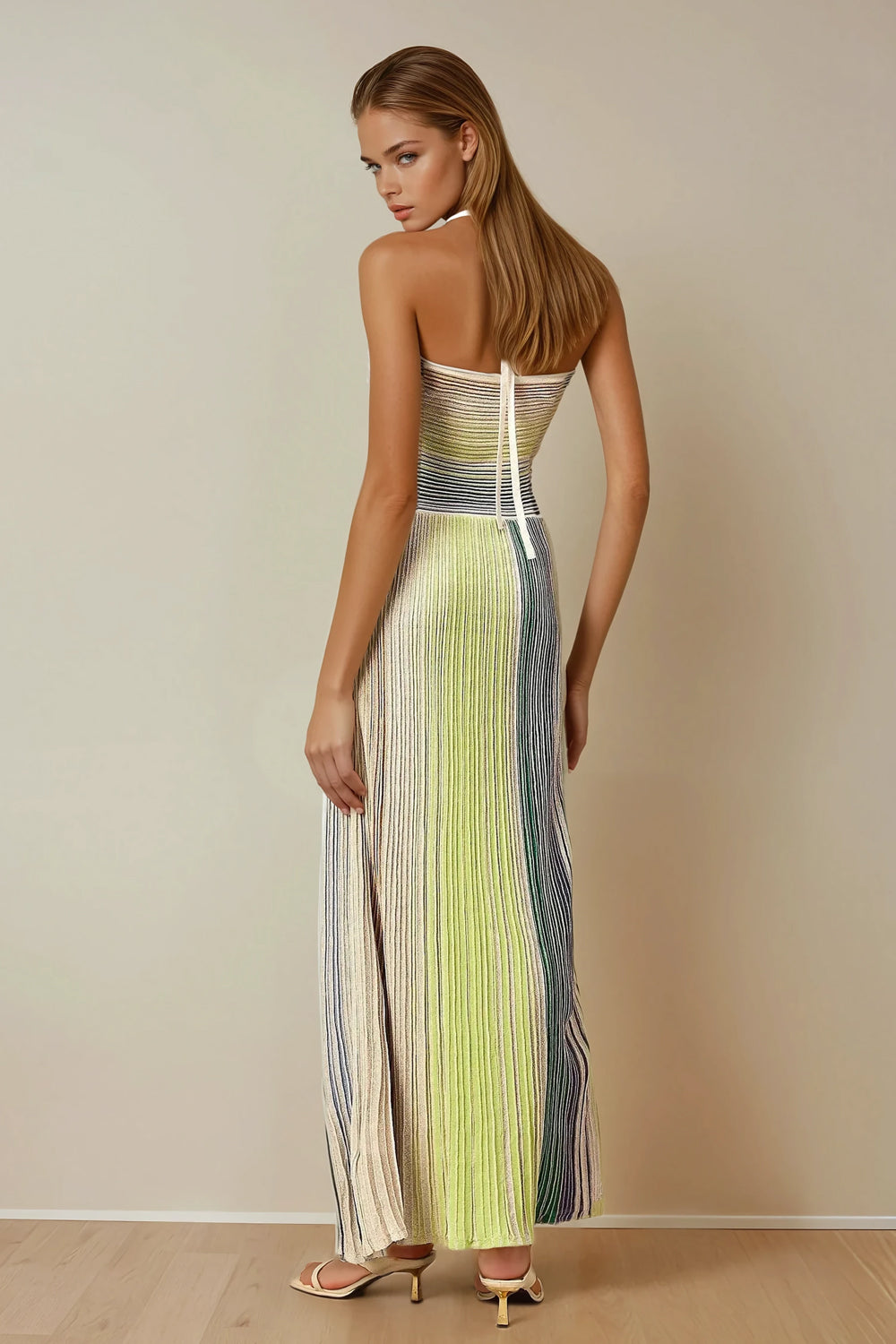 Halter Pleated Knit Maxi Dress  - Green