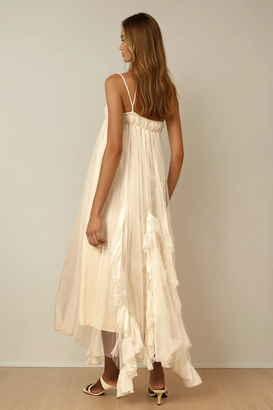 Maxi Dress with Tiered Ruffle Draping and Double Straps - Beige