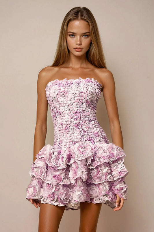 Strapless Mini Dress with Ruched Bodice and Layered Rosette Skirt - Purple
