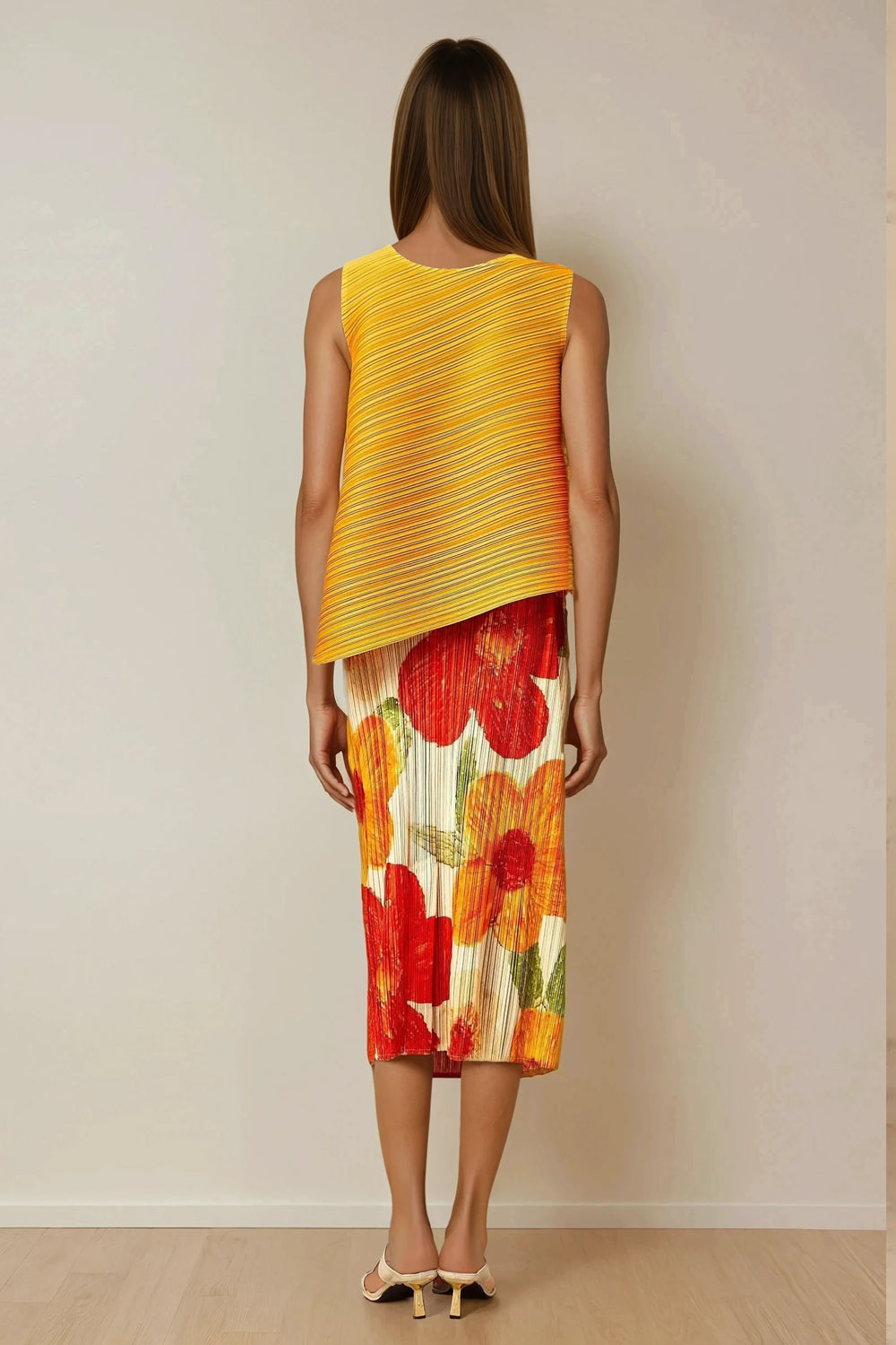 Two-Piece Set with Asymmetrical Top and Floral Midi Skirt - Orange