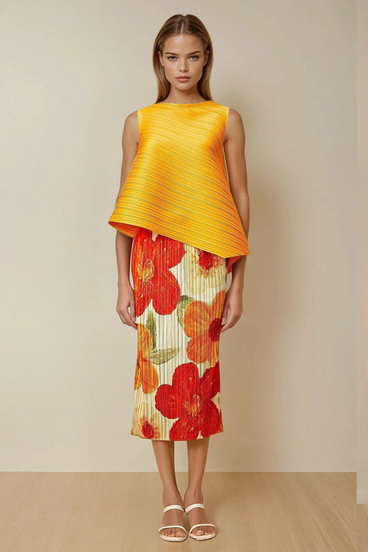 Two-Piece Set with Asymmetrical Top and Floral Midi Skirt - Orange