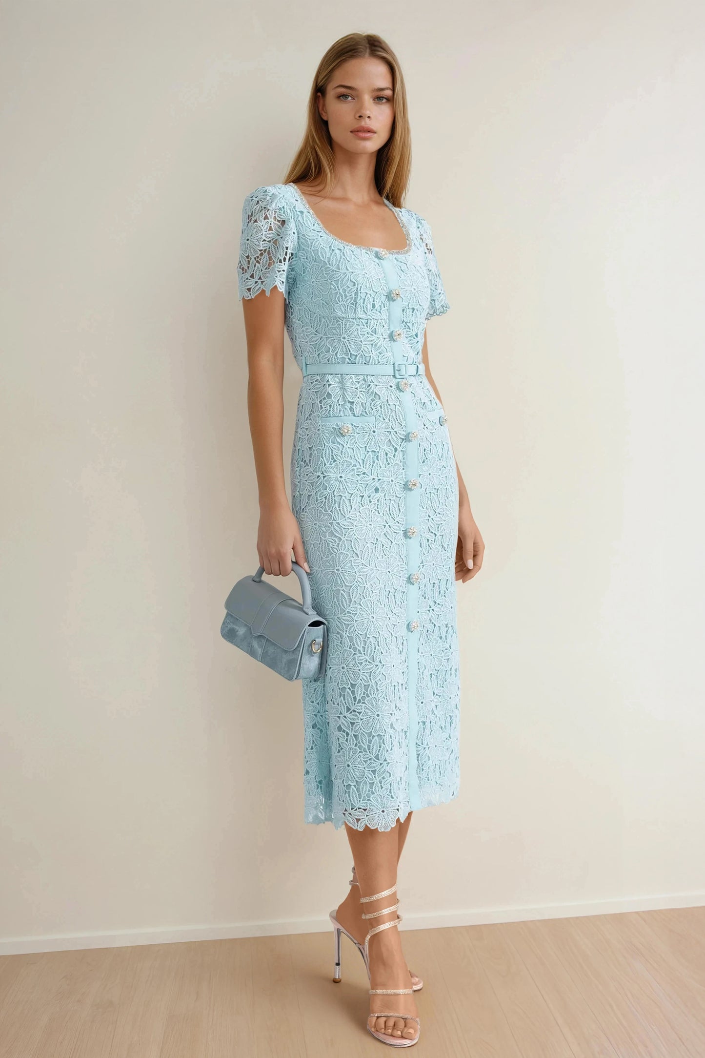 Short Sleeve Lace Belted Midi Dress - Blue