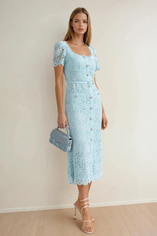 Short Sleeve Lace Belted Midi Dress - Blue