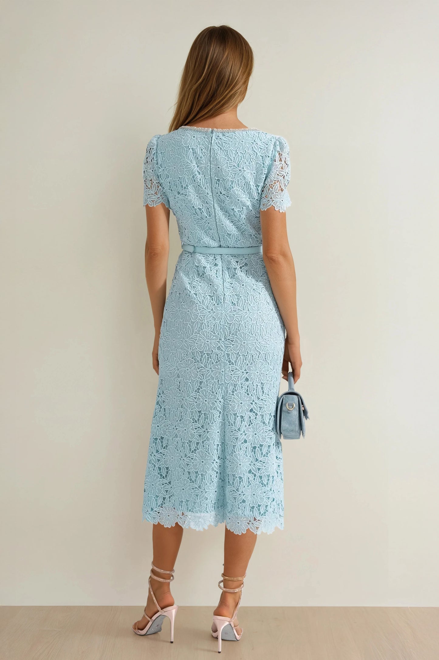 Short Sleeve Lace Belted Midi Dress - Blue