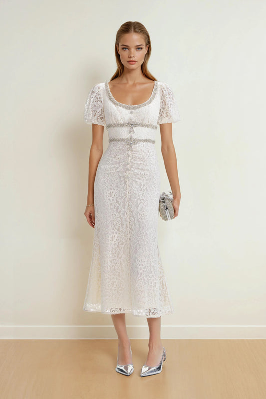 Midi Dress with Puff Sleeves and Embellished Trim - White
