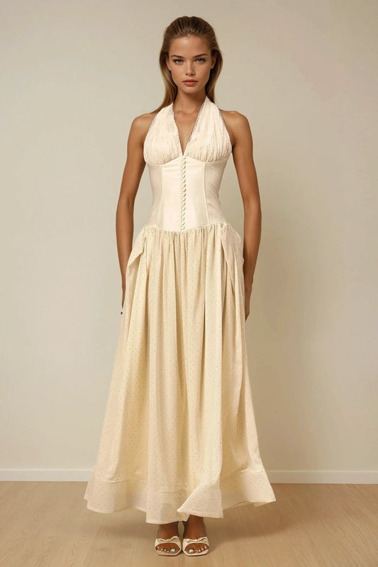 Halter Maxi Dress with Fitted Waist and Flowing Skirt - Beige
