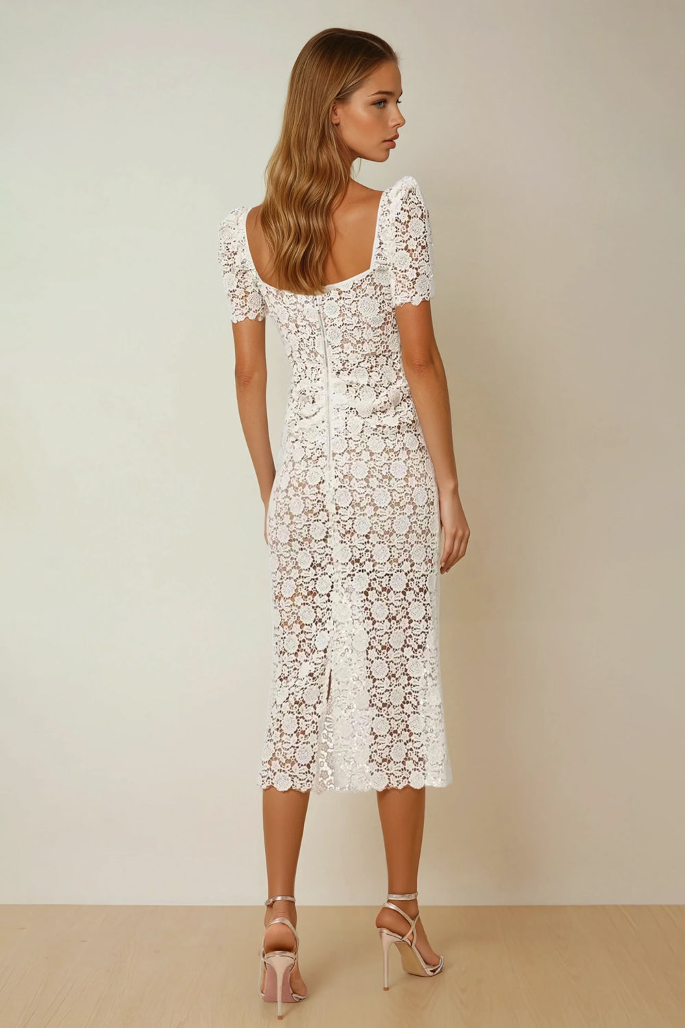Lace Overlay Midi Dress with Square Neckline - White