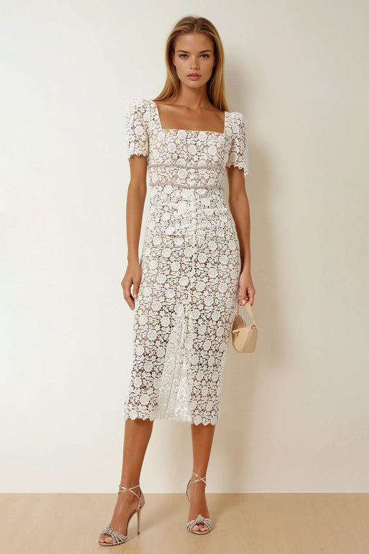 Lace Overlay Midi Dress with Square Neckline - White