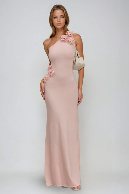 Asymmetrical Maxi Dress with 3D Floral Details - Pink